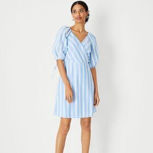 Ann Taylor Blue Stripe Puff Sleeve Faux Wrap Dress Size 8